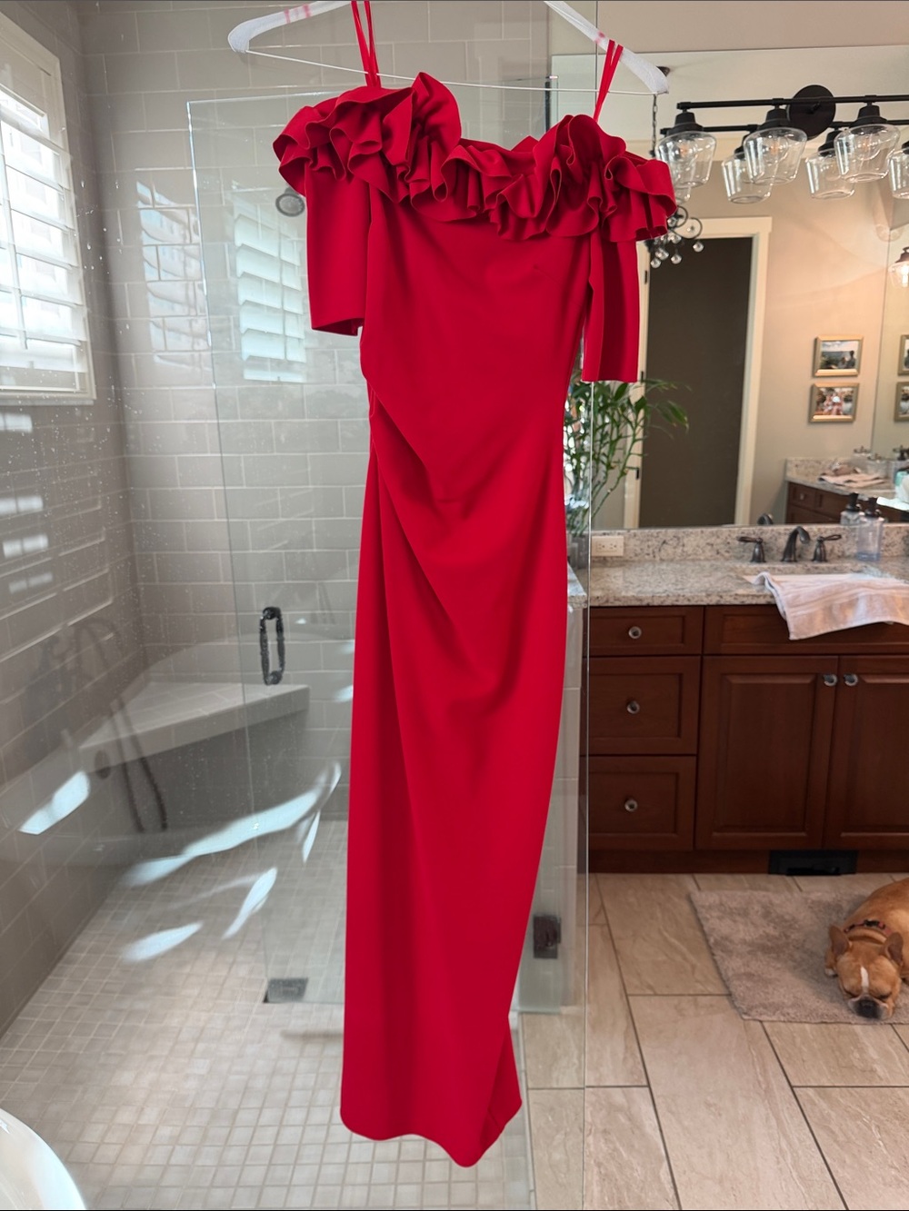 Xscape Red Ruffle Off-Shoulder Form Dress - Picture 3 of 5